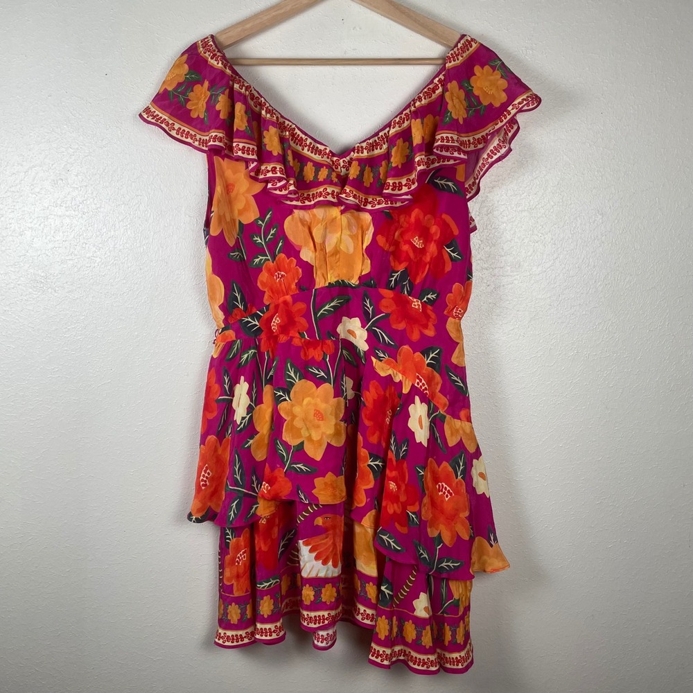 Farm Rio Pink Floral Tiered Ruffle Mini Dress‎ Womens Size M V-Neck